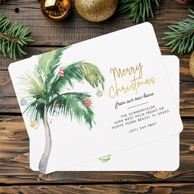 Invitación de árbol de palmas de dirección móvil d (Merry Christmas Coastal Palm Tree Holidays Moving Announcement)