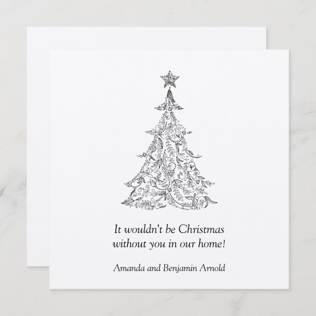 Invitación de árbol de vacaciones negro y plateado (Anverso / Reverso)