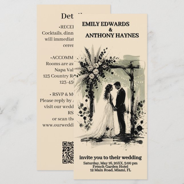 Invitación de arco de boda boho con novia y novio (Anverso / Reverso)