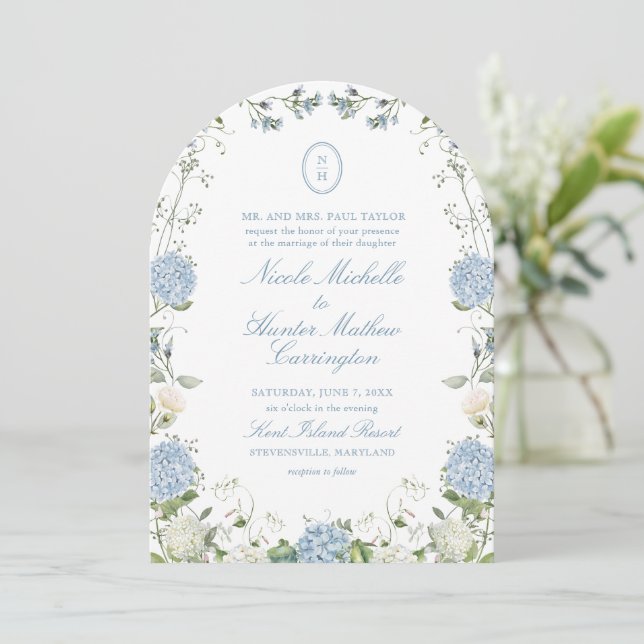 Invitación de arco de boda con monograma de horten (Anverso de pie)