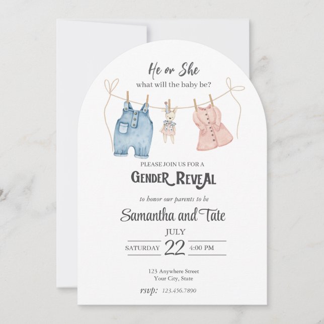 Invitación de arco de género con acuarela azul y r (Anverso)