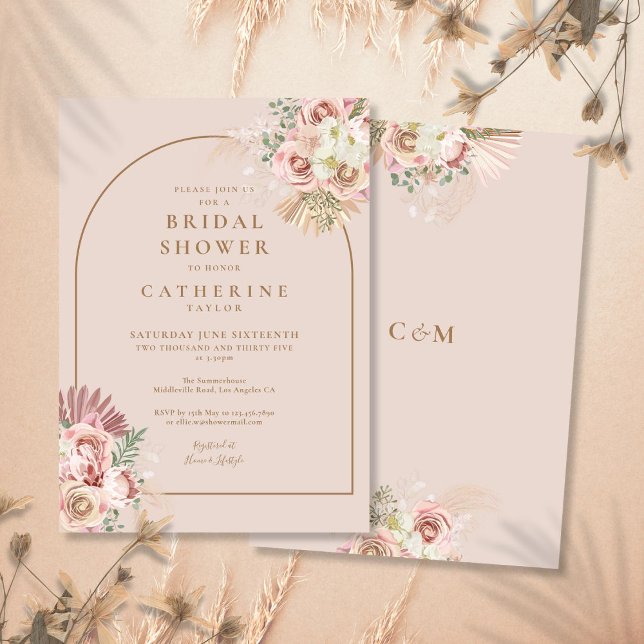 Invitación de Arco Floral de Hierba de Pampas para (Pampas Grass Floral Arch Bridal Shower Invitation)