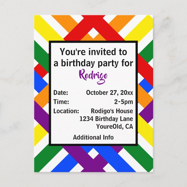 Invitación de arcoiris colorido y franjas cruzadas (Anverso)
