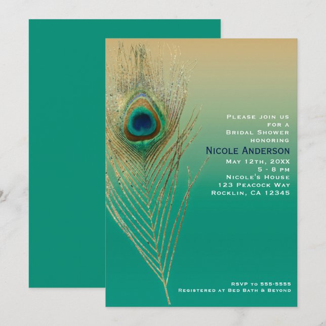 Invitación de arena de pluma de pavo real y azul t (Anverso / Reverso)