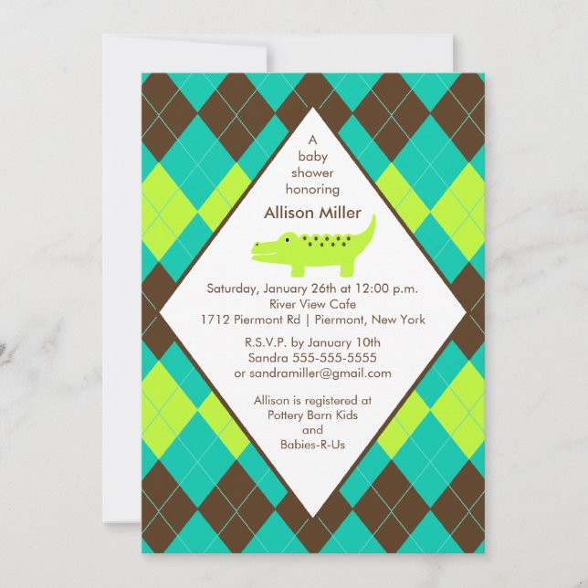 Invitación de Argyle Preppy Alligator Boy Baby Sho (Anverso)