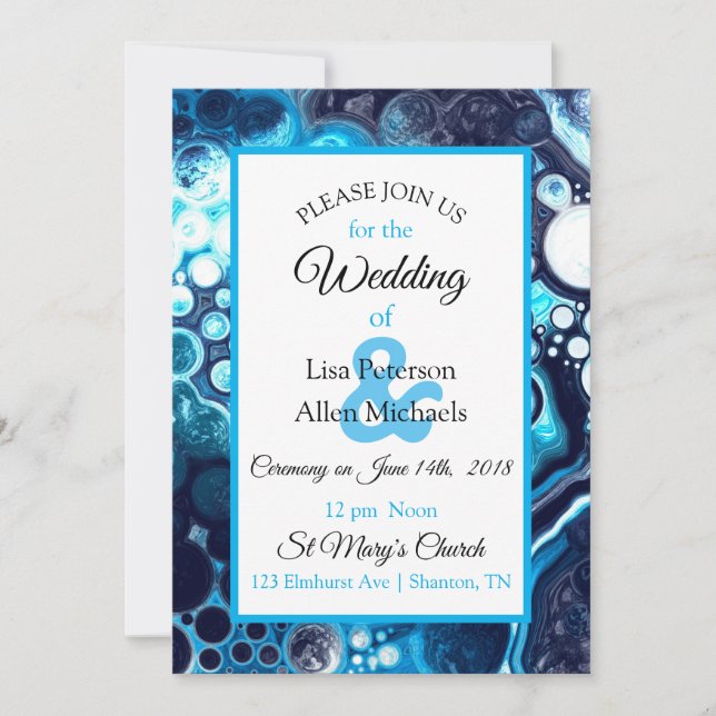 Invitación de Arte Fluido de Canica Azul Profundo (Anverso)