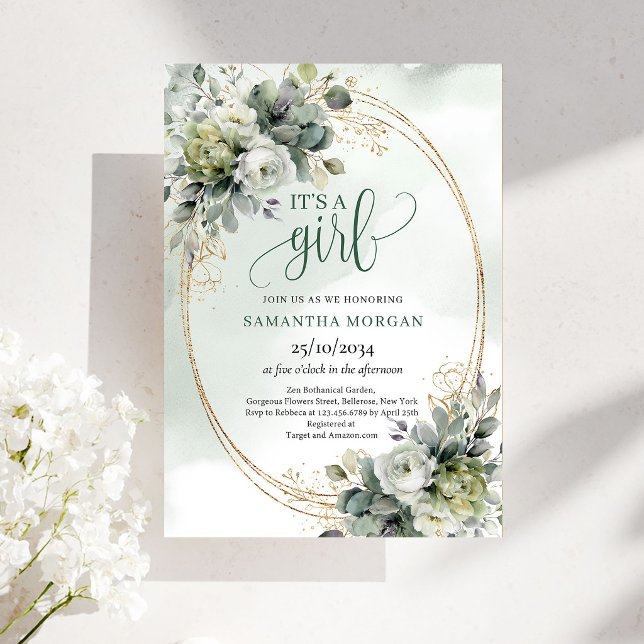Invitación de aspecto acuarela verde polvoriento E (Dusty Green Watercolor Look It’s A Girl Invitation)