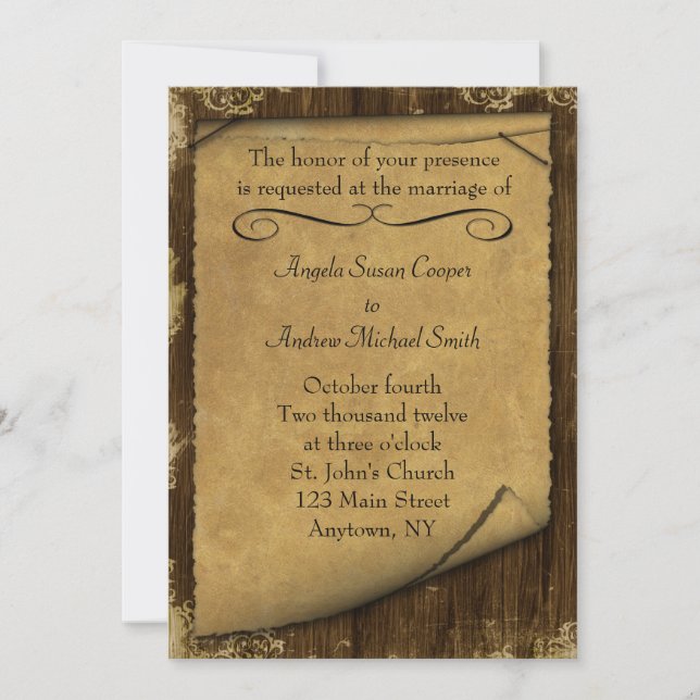 Invitación de aspecto de pergamino y madera (Anverso)