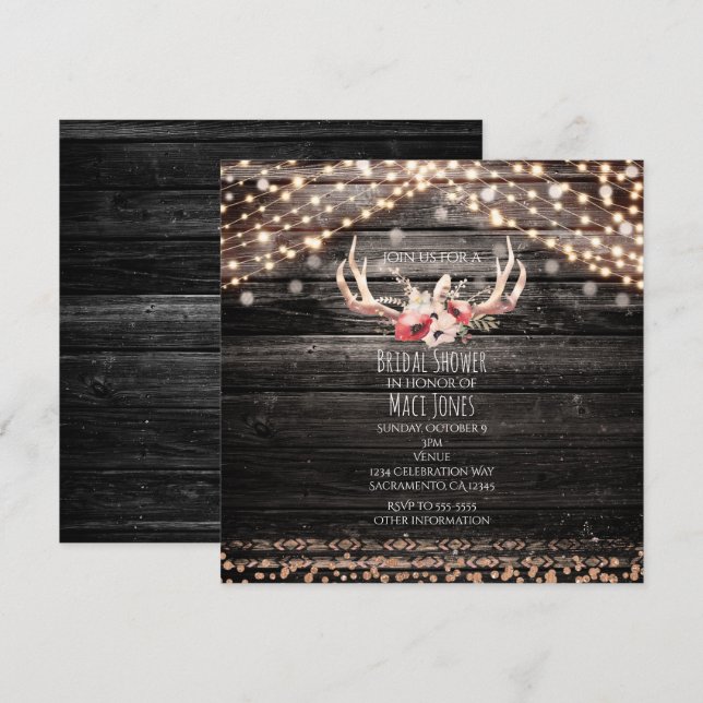 Invitación de astas florales de madera rústica y l (Anverso / Reverso)