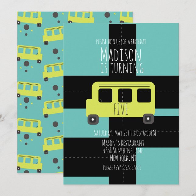 Invitación de autobús de transporte escolar con ru (Anverso / Reverso)