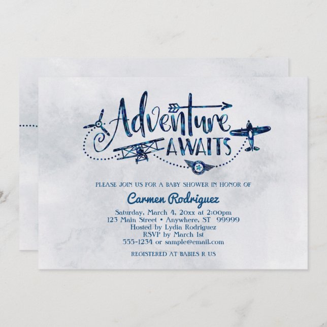 Invitación de Aviación Baby Shower "Adventure Awai (Anverso / Reverso)