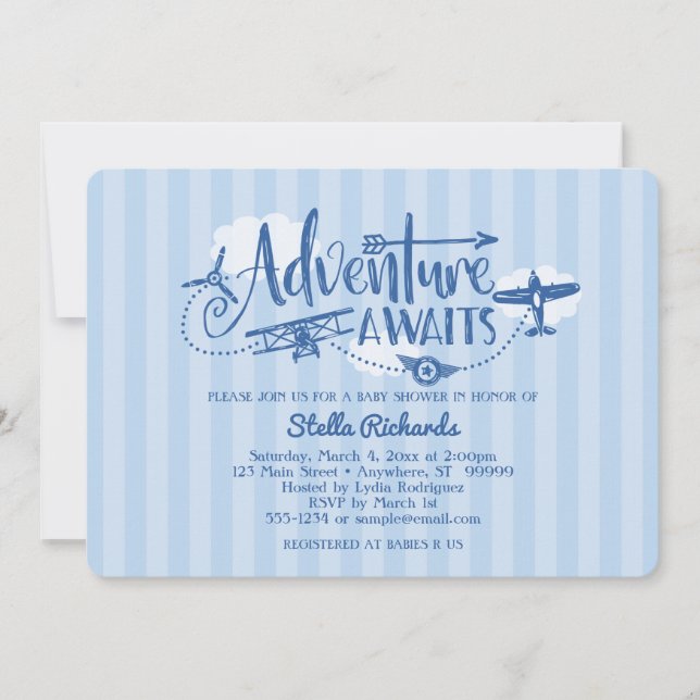 Invitación de Aviación Baby Shower "Adventure Awai (Anverso)