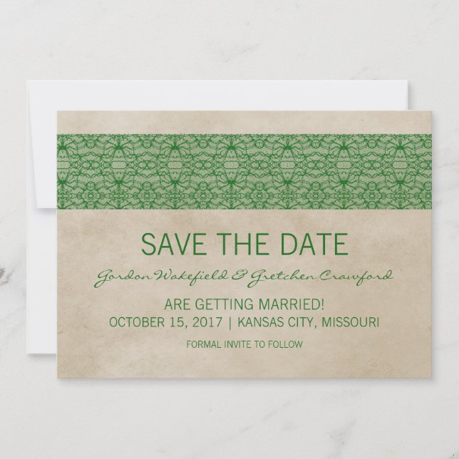 Invitación de Aviso de Boda Rustic Lace Verde (Anverso)