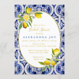 Invitación de azulejo español azul y limón