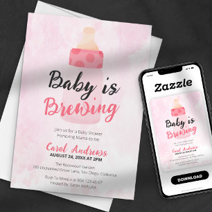 Invitación de Baby is Brewing Botella Rosa Acuarel
