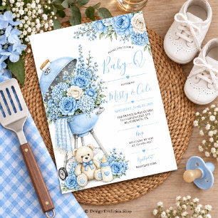 Invitación de Baby-Q de flores azules para baby sh