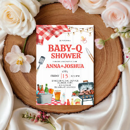 Invitación de Baby-Q Shower a cuadros rojos