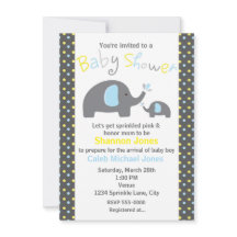 Invitación de Baby Shower 2 Elefantes Lunares Azul