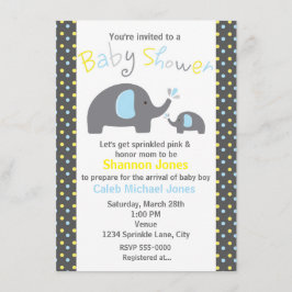 Invitación de Baby Shower 2 Elefantes Lunares Azul