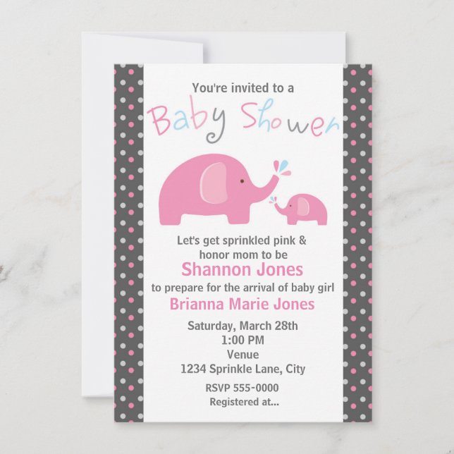 Invitación de Baby Shower 2 Elefantes Rosas Lunare (Anverso)