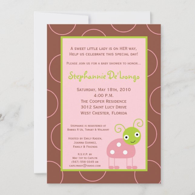 Invitación de Baby Shower 5x7 Spring Pink Lady Bug (Anverso)