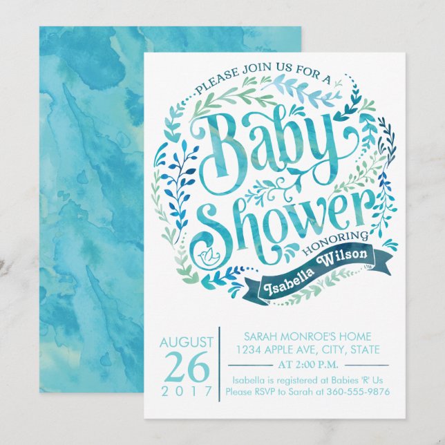 Invitación de Baby Shower a acuarela (Anverso / Reverso)