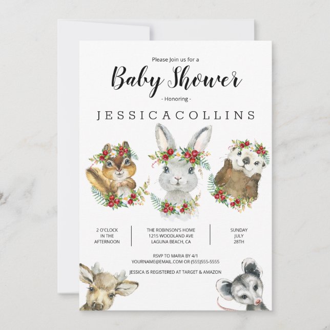 Invitación de Baby Shower a acuarela de animales d (Anverso)
