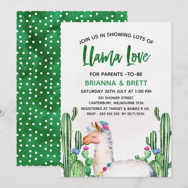 Invitación de Baby Shower a acuarela de Cacus de L (Anverso / Reverso)