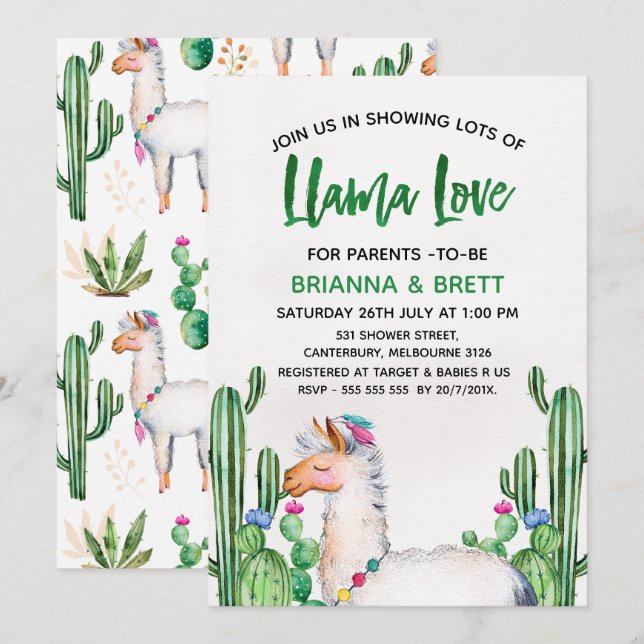 Invitación de Baby Shower a acuarela de Llama (Anverso / Reverso)