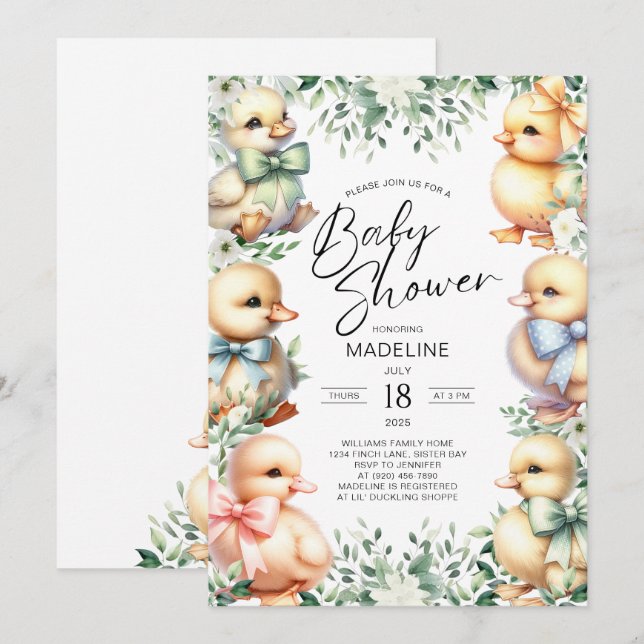 Invitación de Baby Shower a Adorable Duck Greenery (Anverso / Reverso)