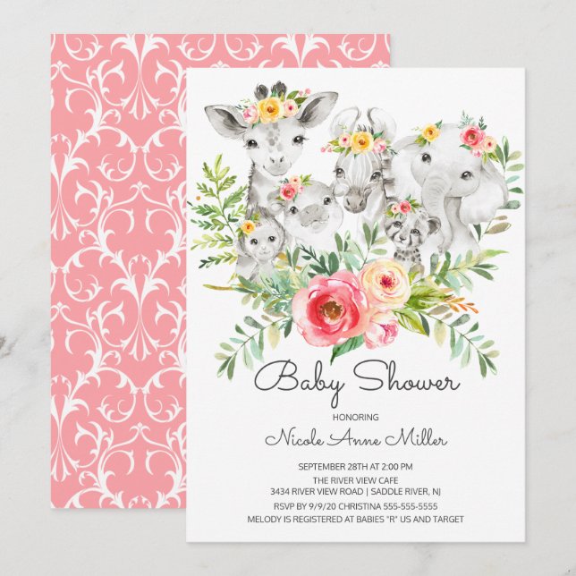 Invitación de Baby Shower a Adorable Jungle Animal (Anverso / Reverso)
