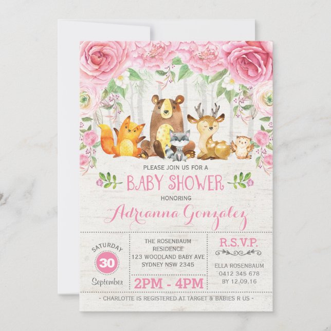 Invitación de Baby Shower a animales de bosque de  (Anverso)
