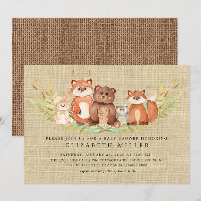 Invitación de Baby Shower a animales de bosque rús (Anverso / Reverso)