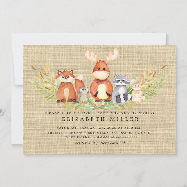 Invitación de Baby Shower a animales de bosque rús (Anverso)