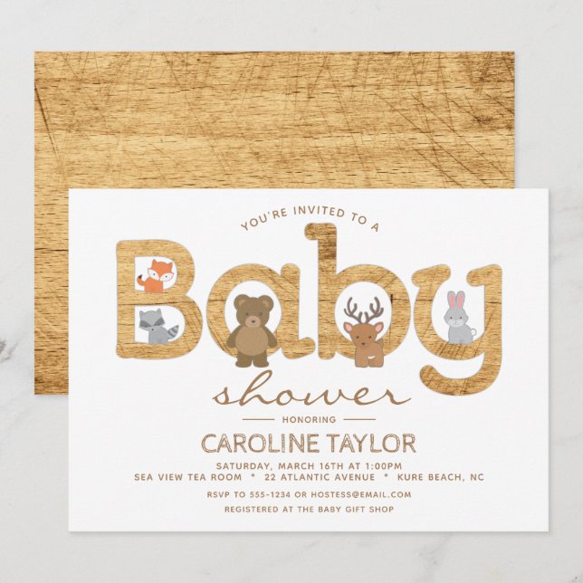 Invitación de Baby Shower a animales de bosque rús (Anverso / Reverso)