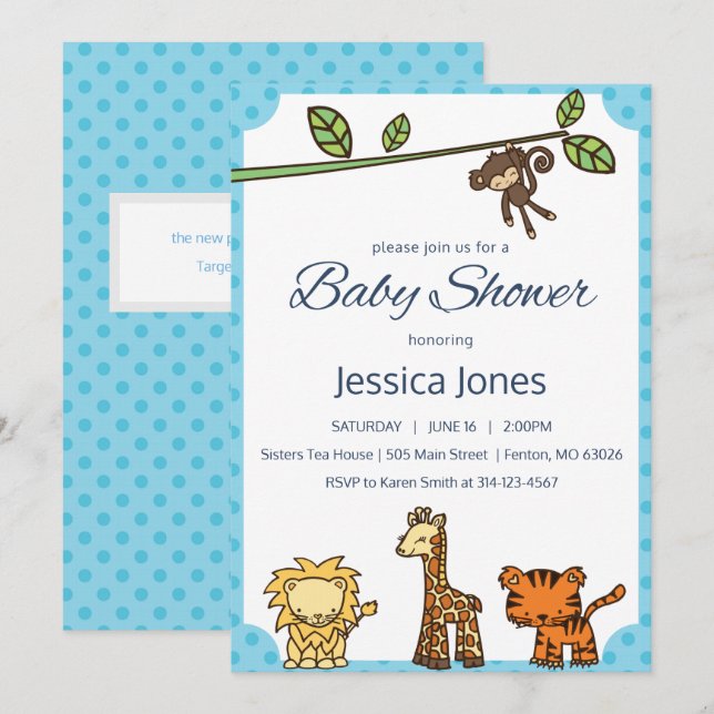Invitación de Baby Shower a animales de la jungla (Anverso / Reverso)