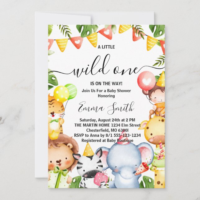 Invitación de Baby Shower a animales salvajes de u (Anverso)