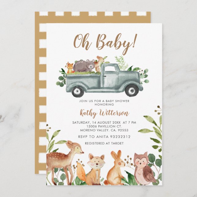 Invitación de Baby Shower a Animals Jungle Truck (Anverso / Reverso)