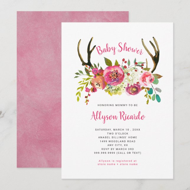Invitación de Baby Shower a Antlers De Floral Rosa (Anverso / Reverso)