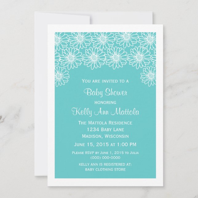 Invitación de Baby Shower a Aqua Whimsical Daisies (Anverso)