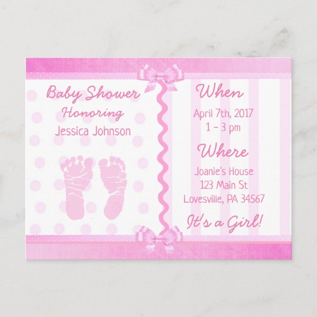 Invitación de Baby Shower a arcos rosados y puntos (Anverso)