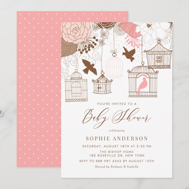 Invitación de Baby Shower a Aves Whimsicales Rosad (Anverso / Reverso)