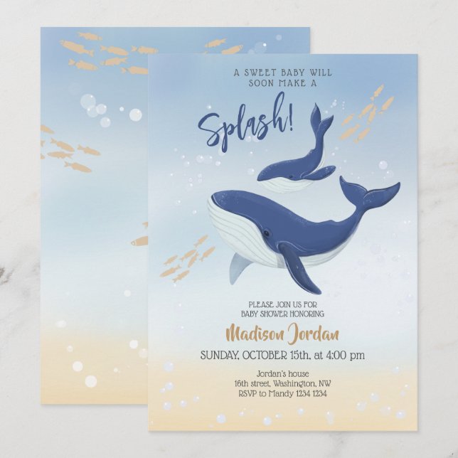Invitación de Baby Shower a ballenas bajo el mar (Anverso / Reverso)