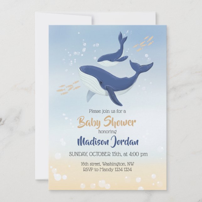 Invitación de Baby Shower a ballenas bajo el mar (Anverso)