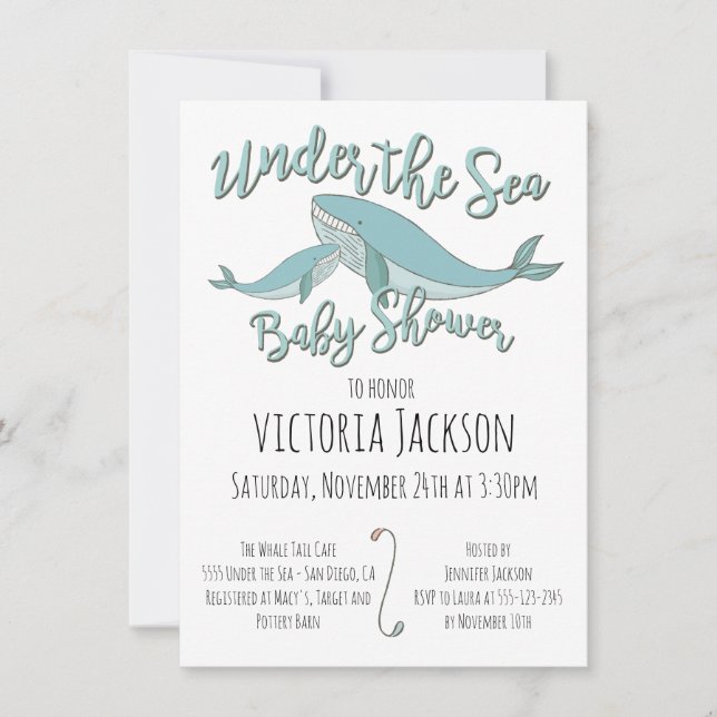 Invitación de Baby Shower a ballenas bajo el mar (Anverso)
