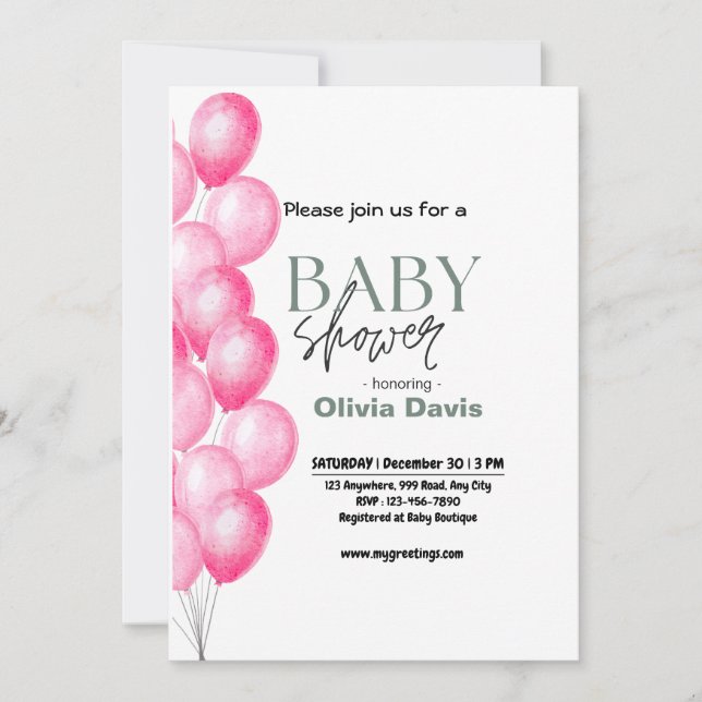 Invitación de Baby Shower a Baluón Rosa (Anverso)