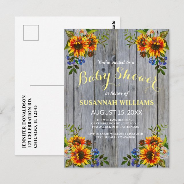 Invitación de Baby Shower a Barnwood Sunflower Rus (Anverso / Reverso)