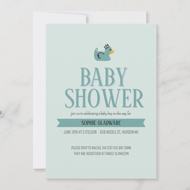 Invitación de Baby Shower a bebé de pato de goma (Anverso)