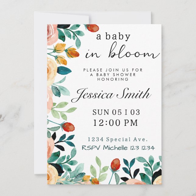 Invitación de Baby Shower a bebé en flor (Anverso)