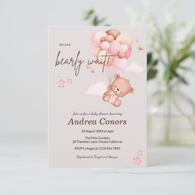 Invitación de Baby Shower a bebe rosa y globos (Anverso de pie)